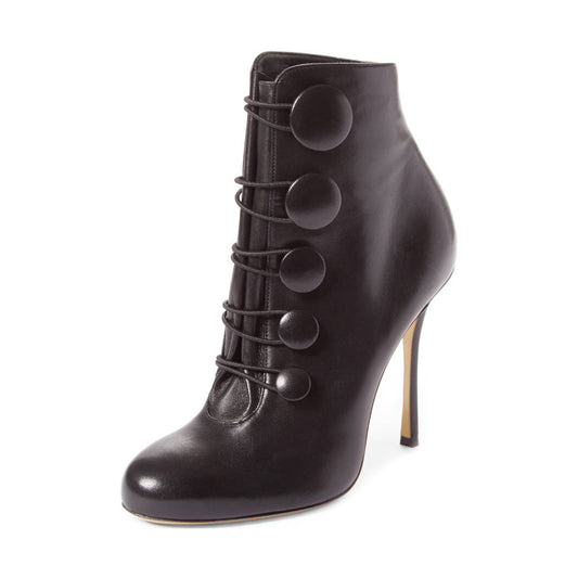 Black Stiletto Heels Round Toe Buttoned Ankle Boots for Women