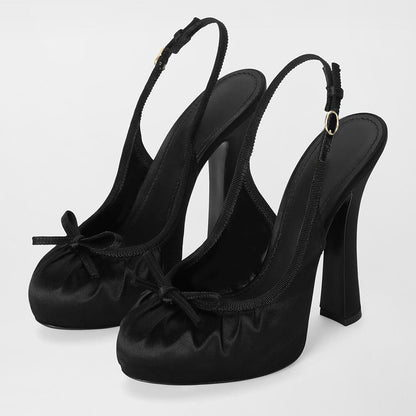 Black Satin Bow Decor Round Toe Pleated Platform Slingback Heels