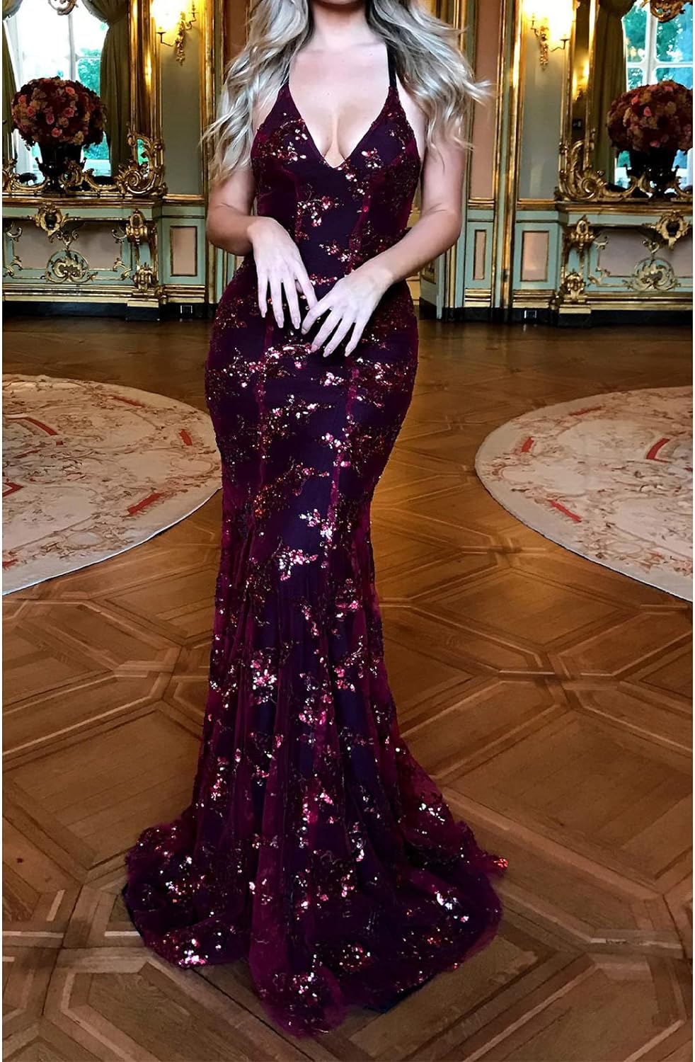 Mermaid Sequins Backless Long Prom Dress