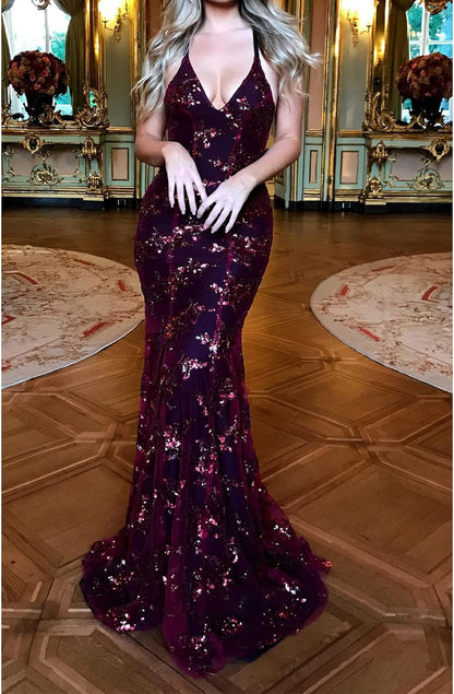 Mermaid Sequins Backless Long Prom Dress