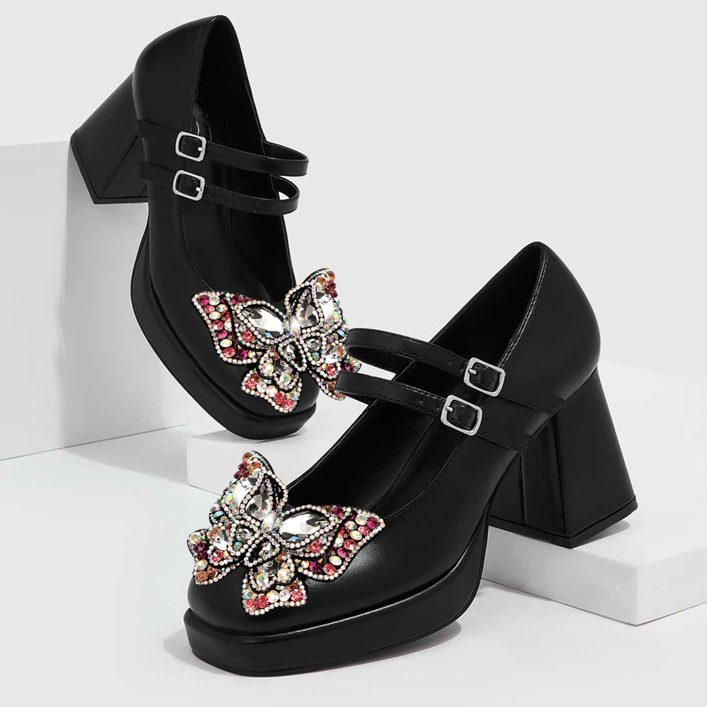 Black Closed Toe 3'' Chunky Heel Platform Loafers with Rhinestone