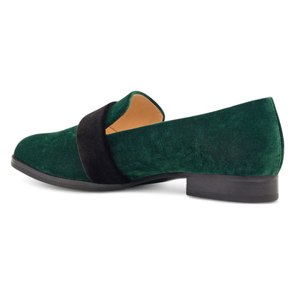 Green Almond Toe Buckled Flats Loafers for Women