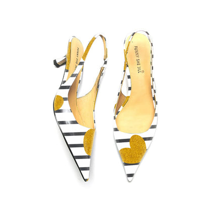 Women's Patent Leather Pointed Toe Kitten Heel Zebra Slingback Pumps