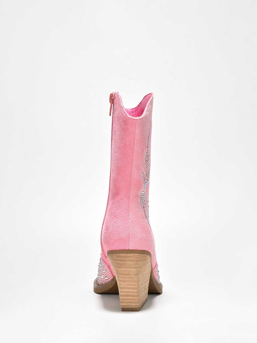 Pink Faux Suede Pointed Toe Rhinestone Embellished Heeled Cowgirl Ankle Boots