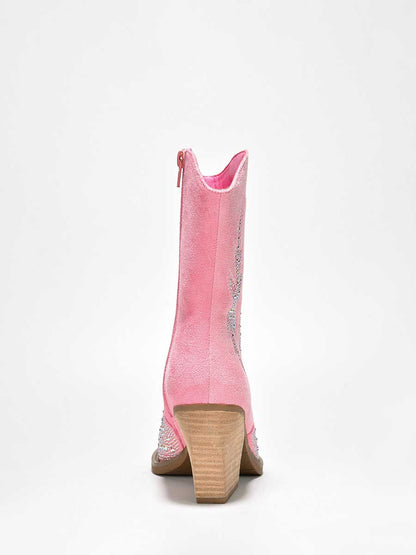 Pink Faux Suede Pointed Toe Rhinestone Embellished Heeled Cowgirl Ankle Boots
