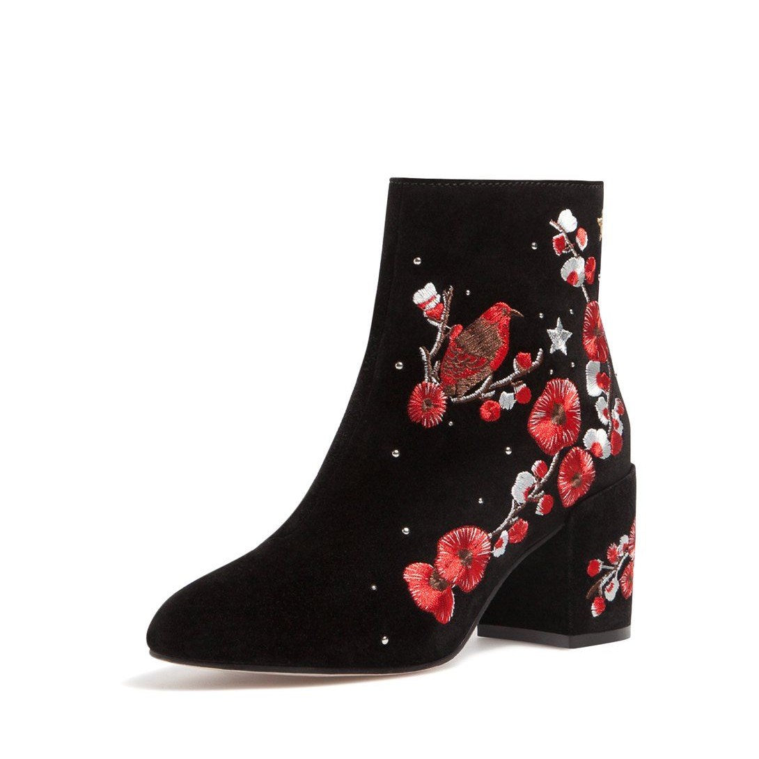 Black and Red Floral Vegan Suede Block Heel Ankle Boots