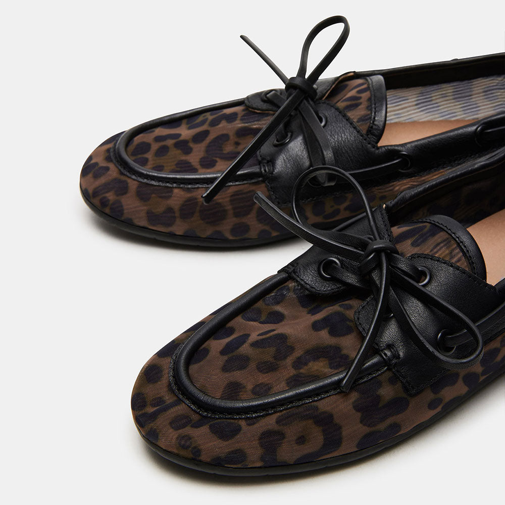 Fashion Lace Up Round Toe Brown Women's Loafer Leopard Flats