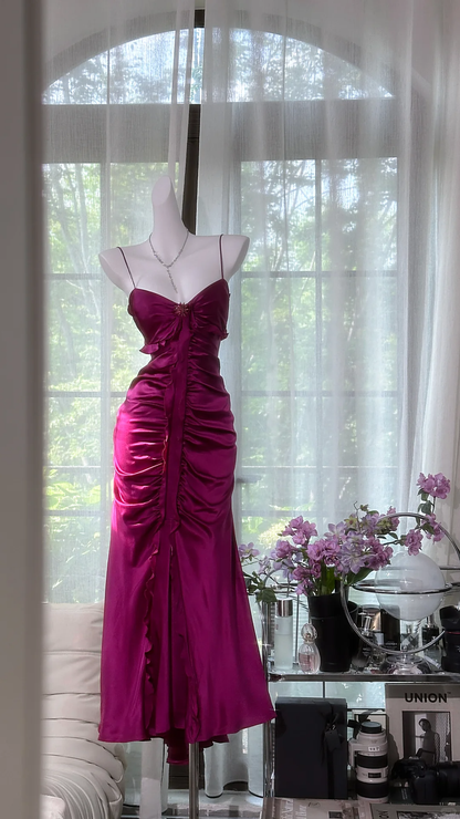 Vintage Fuchsia Sheath Long Prom Dress Pleated Satin Spaghetti Strap Formal Dress TP4555