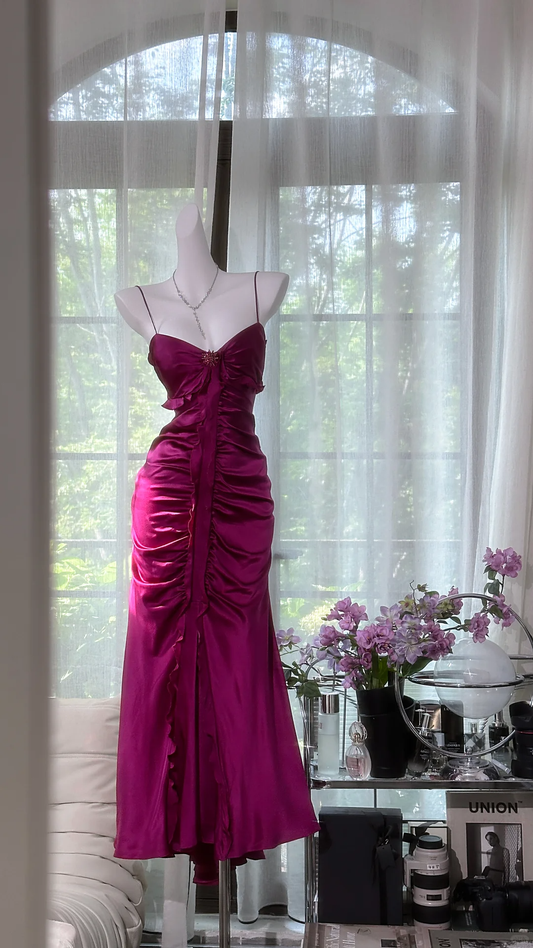 Vintage Fuchsia Sheath Long Prom Dress Pleated Satin Spaghetti Strap Formal Dress TP4555