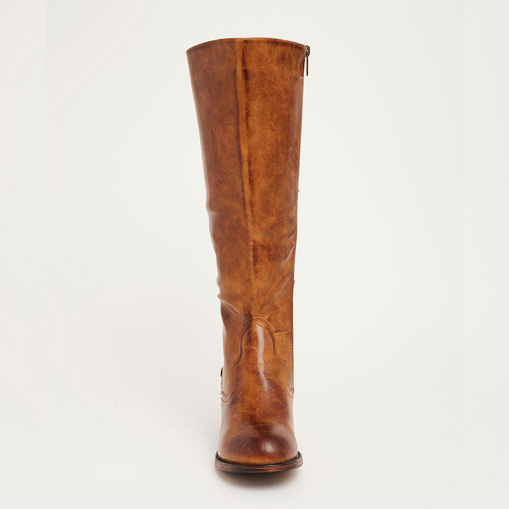 Brown Round Toe Chunky Heel Back Tie-Up Knee High Boots for Women