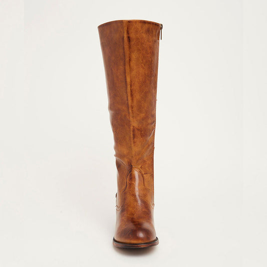 Brown Round Toe Chunky Heel Back Tie-Up Knee High Boots for Women