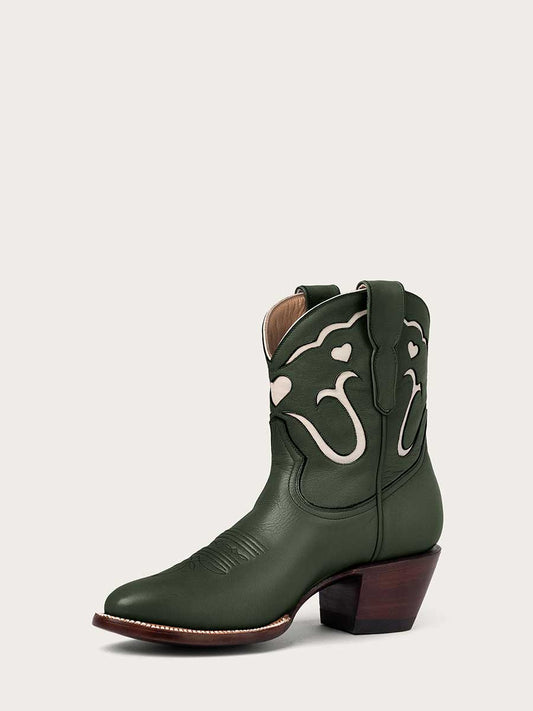 Green Vegan Leather Ivory Patch-Work Block Heeled Cowgirl Ankle Boots