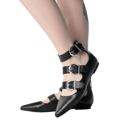 Black Zipper Vegan Leather Triple Buckle Strap Pointed Toe Flats