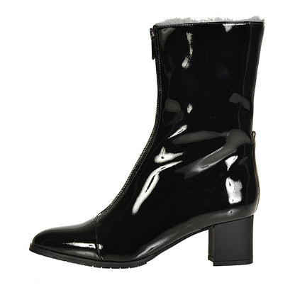 Black Patent Leather Front Zipper Faux Fur Lined Heeled Ankle Boots