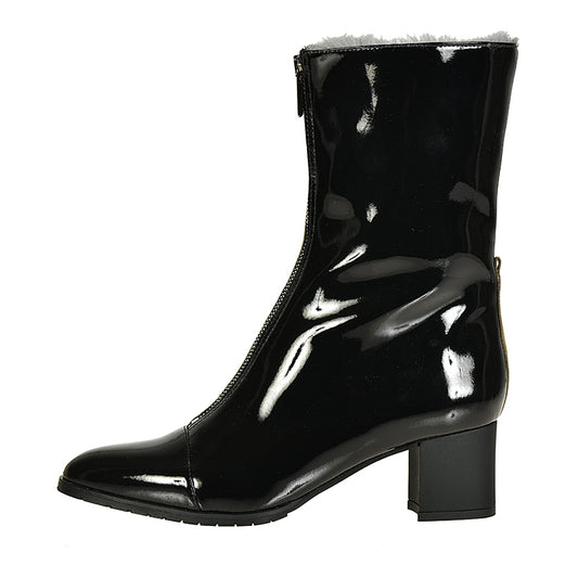 Black Patent Leather Front Zipper Faux Fur Lined Heeled Ankle Boots