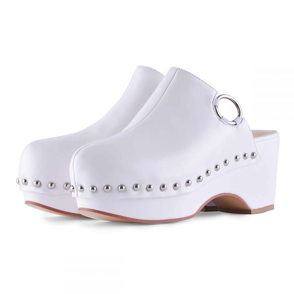 White Round Toe Clogs Chunky Heel Platform Mules with Studs
