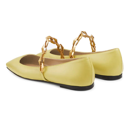 Yellow Vegan Leather Square Toe Ballet Flats with Metal Chain Design
