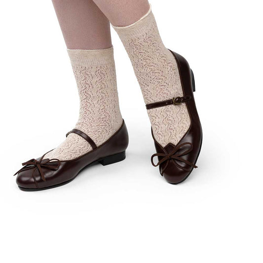 Dark Brown Vegan Leather Bow Inlay Buckle Strap Mary Jane Flats