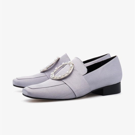 Silver Satin Square Toe Pearl Rhinestone Buckle Women's Loafers
