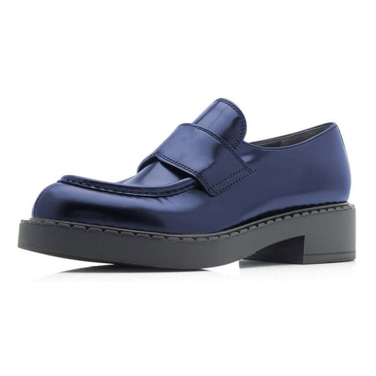 Navy Vegan Leather Round Toe Slip-On Chunky Loafers Women