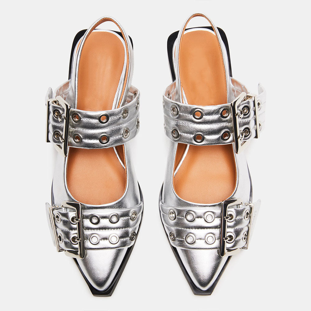 Silver Metallic Finish Pointed-Toe Slingback Flats with Buckles