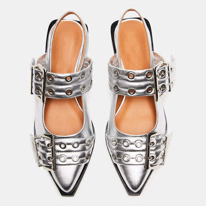 Silver Metallic Finish Pointed-Toe Slingback Flats with Buckles