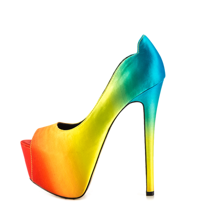 Women's Multicolor Satin Peep Toe Platform Pumps with Printed Outsole