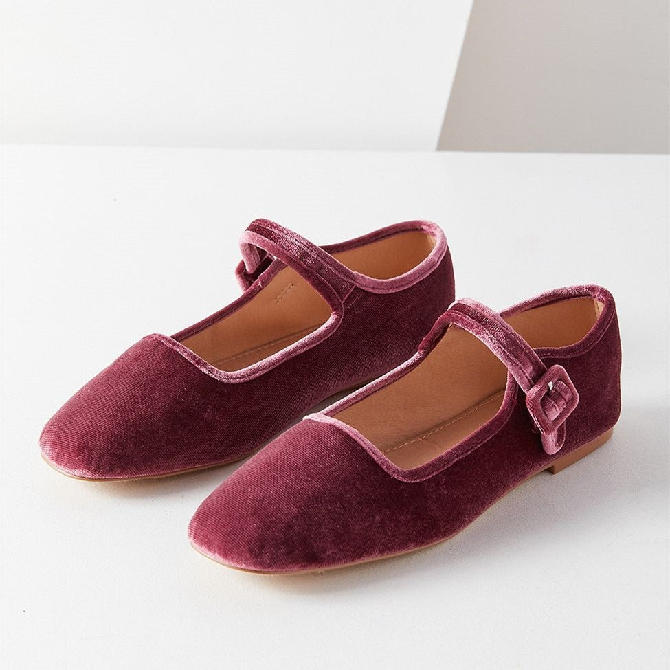 Maroon Velvet Mary Jane Shoes Square Toe Buckle Strap Flats