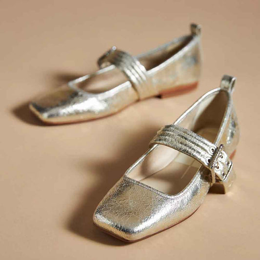 Silver Metallic Finish Square Toe Mary Jane Flats with Buckle