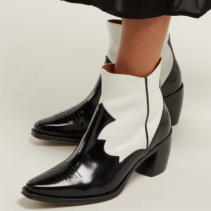 Black and White Snip Toe Zipper Block Heel Cowgirl Ankle Boots