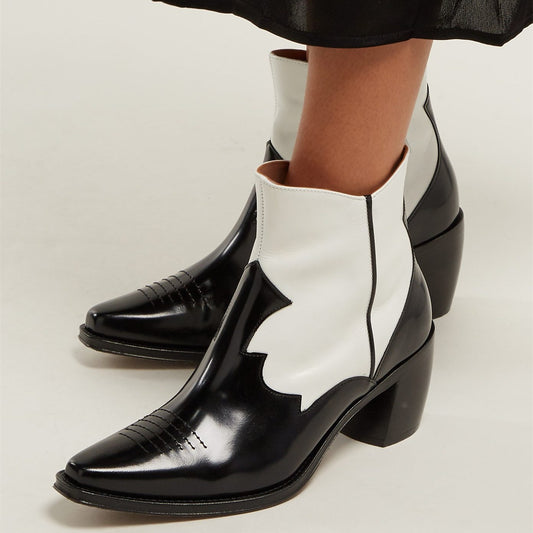 Black and White Snip Toe Zipper Block Heel Cowgirl Ankle Boots