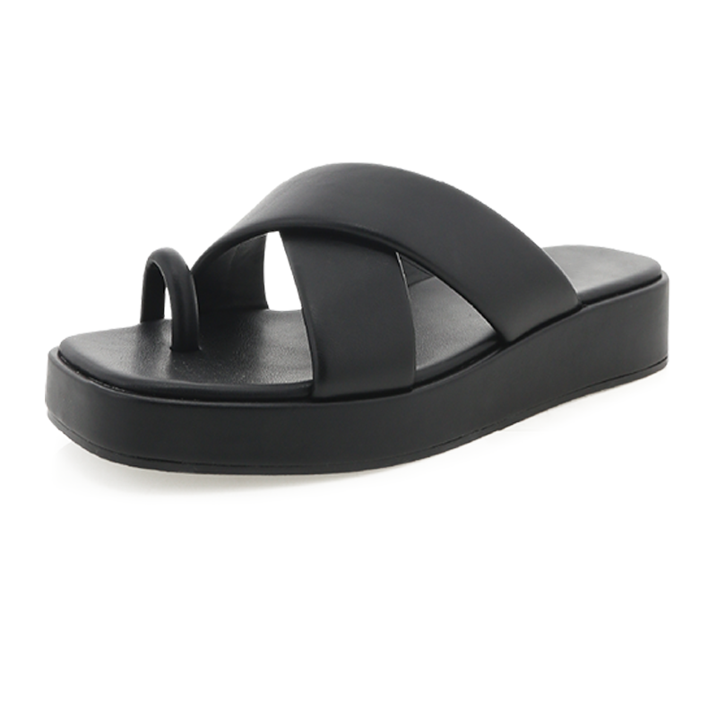 Black Cross Strap Flat Mules Platform Toe Ring Slide Sandals