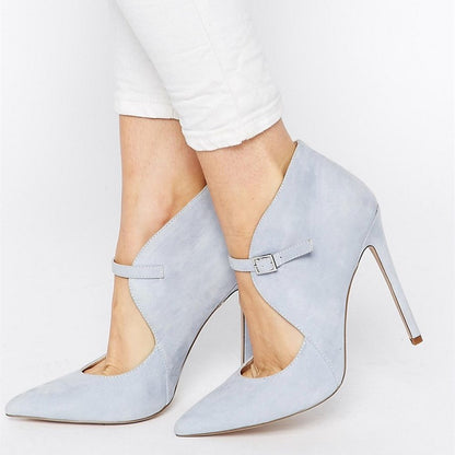 Elegant Light Grey Vegan Suede Pointed Toe Buckle Strap Pumps Heels