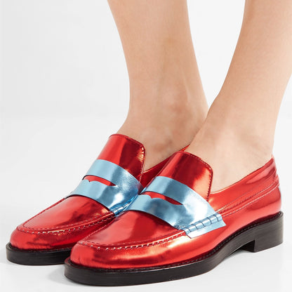 Red Shiny Vegan Leather Round Toe Trending Flat Penny Loafers Women