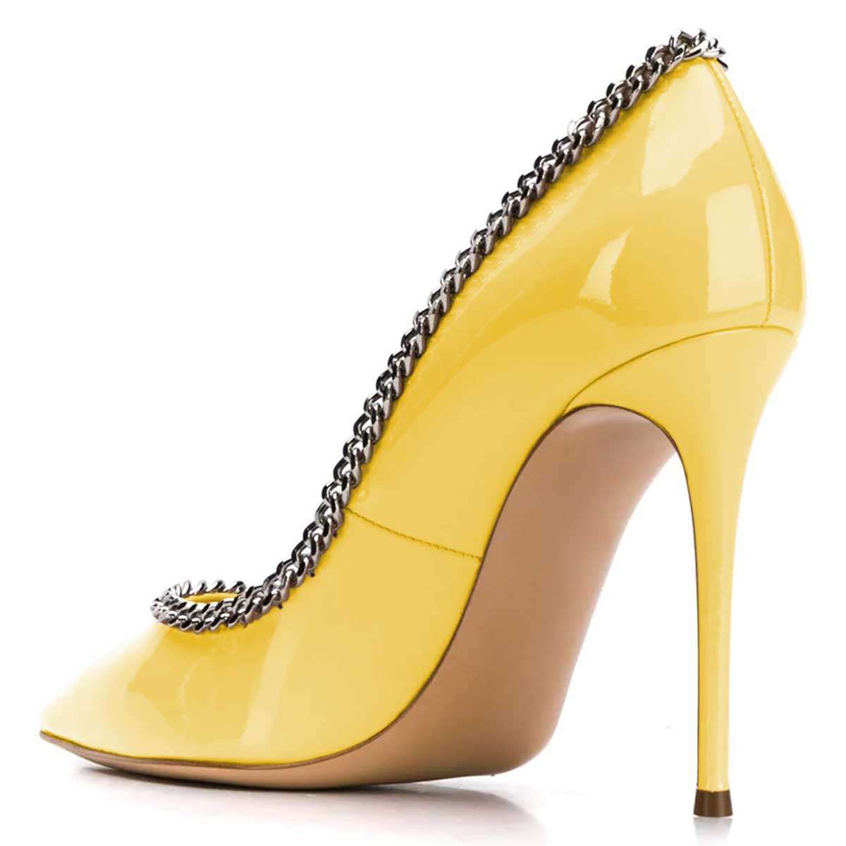 Yellow Chain Stiletto Heels Pointed Toe Pumps