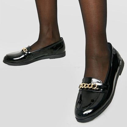 Black Patent Leather Loafers Lug Sole With Chain Decor Flats