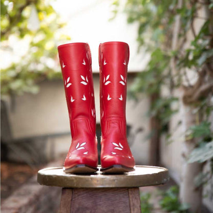 Red Pointy Toe Stitched Leaf Decor Chunky Heel Mid Calf Boots