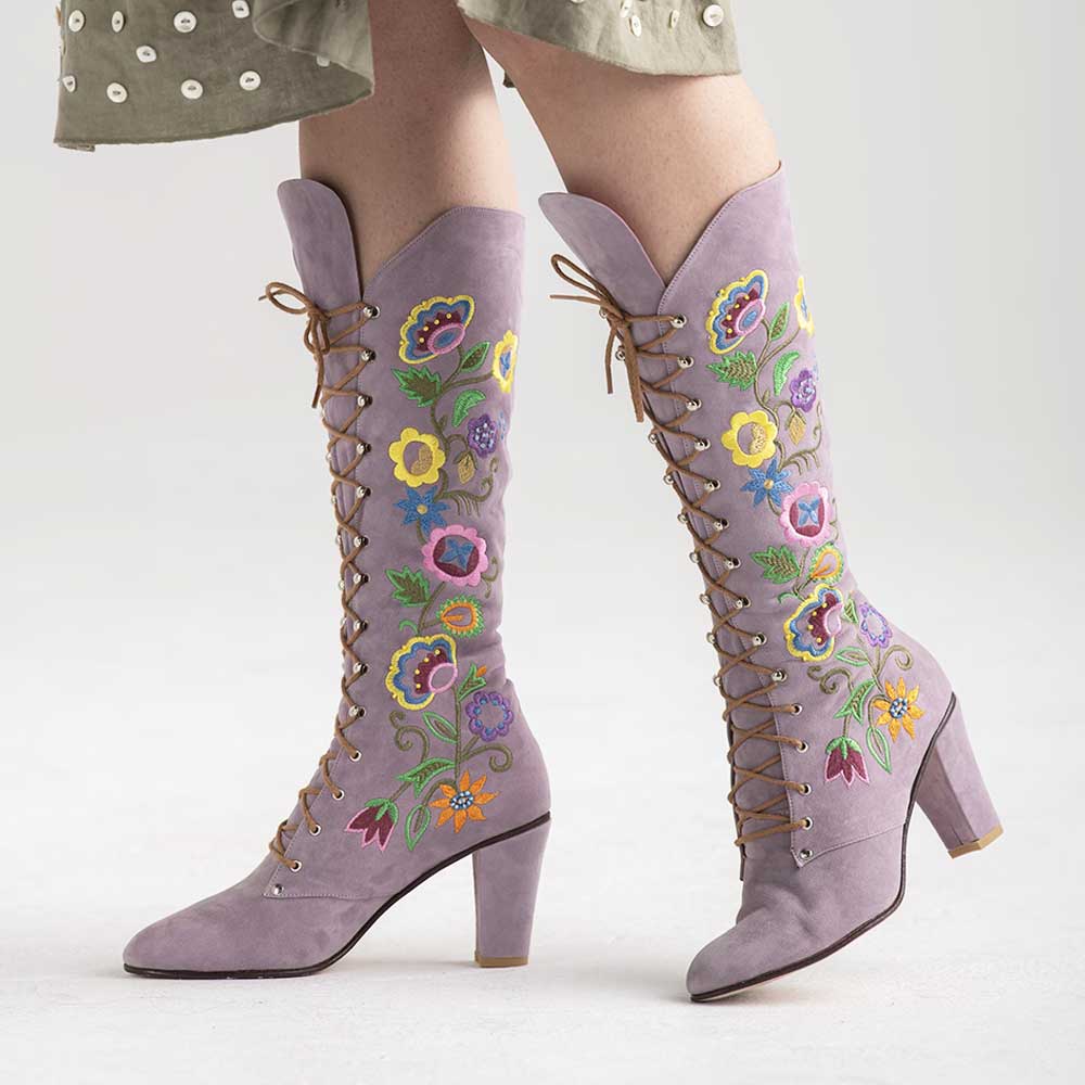 Lavender Closed-Toe Lace-Up Flower Embroidered Mid Calf Boots