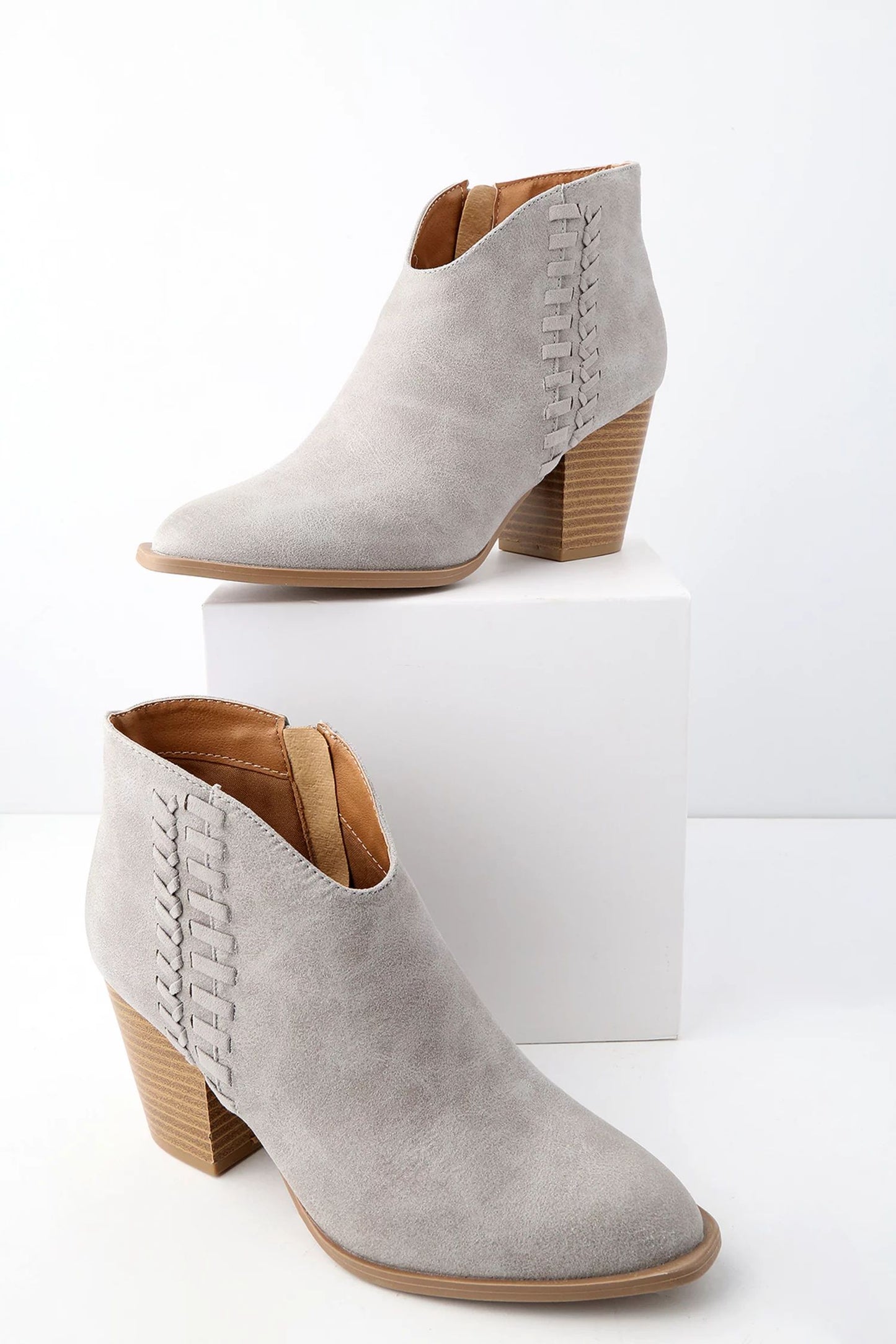 Grey Vegan Suede Woven Detail Chunky Heel Short Boots for Women