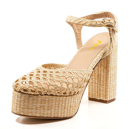 Beige Raffia Woven Ankle Strap Round Toe Platform Sandals for Women