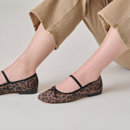 FSJ Casual Leopard Print Round Toe Mesh Flats with Bow Accent