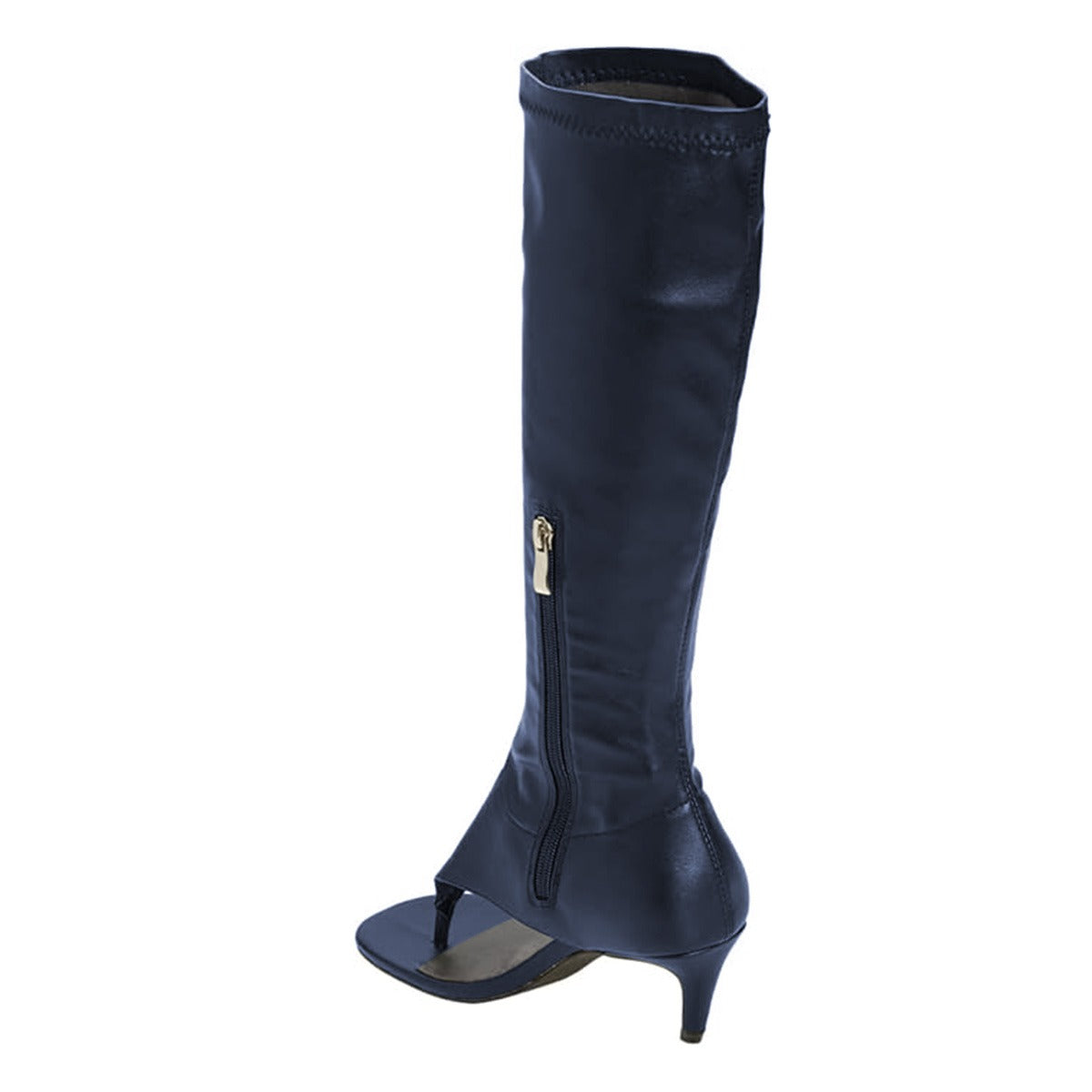 Navy Kitten Heel Open Round Toe Knee High Boots with Zipper