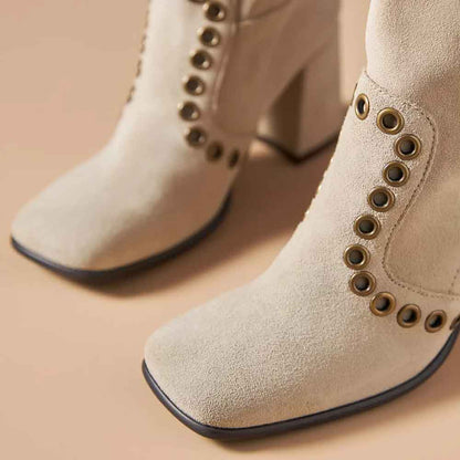 Beige Vegan Suede Square Toe 3'' Block Heel Cut-Out Knee High Boots