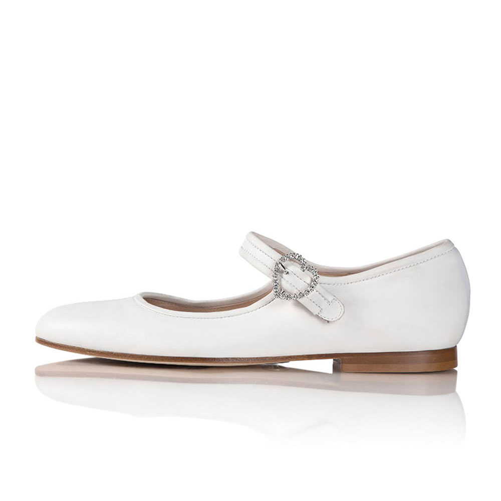 White Vegan Leather Round Toe Mary Jane Flats with Rhinestone Buckle