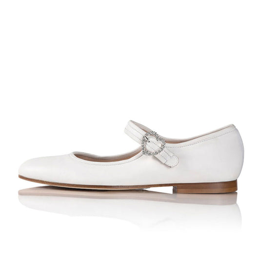 White Vegan Leather Round Toe Mary Jane Flats with Rhinestone Buckle