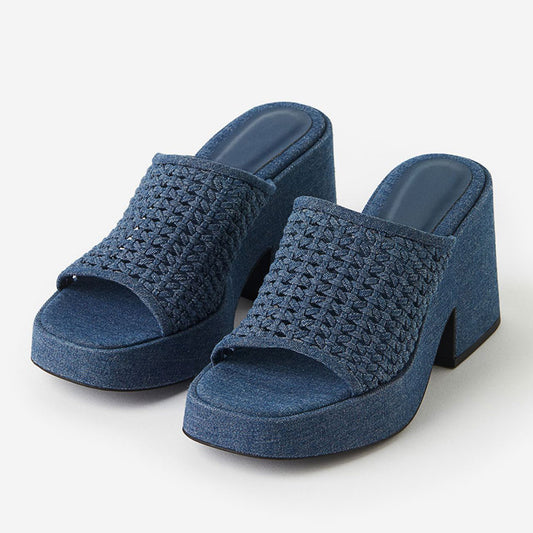 Denim Blue Square Toe Woven Vamp Slide Sandals with Platform