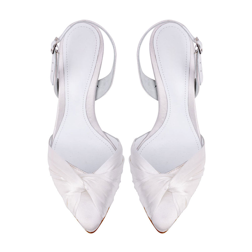 White Satin Pointed Toe Pleated Detail Slingback Wedding Heels