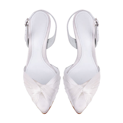 White Satin Pointed Toe Pleated Detail Slingback Wedding Heels