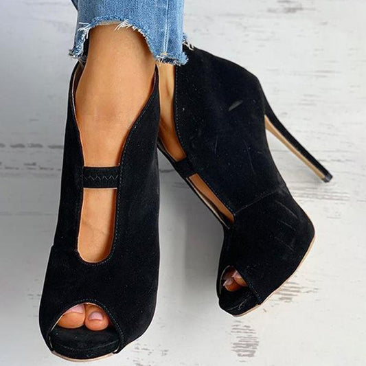 Black Peep Toe Booties Vegan Suede Hollow-Out Heeled Ankle Boots