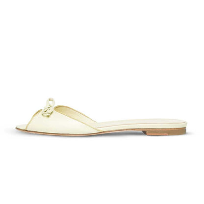Women's Vegan Leather Round Toe Bow Inlay Flat White Slippers